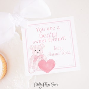 Watercolor Pink and White Gingham Teddy Bear Valentine Tag | 3.5 x 3.5 Printable | Teddy Bear Valentine Tag School | Daycare | Toddler  1021