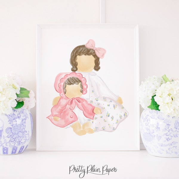 Watercolor Little Girl & Baby Doll Print | 8x10 or 16x20 | Printable Download | Grandmillennial Nursery Artwork | Little Girl's Room | 1077