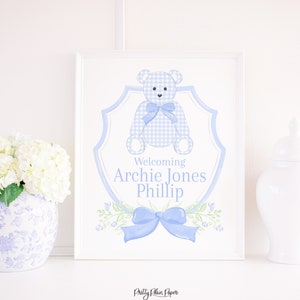 Welcome Baby Printable | 16x20 | Watercolor Blue Teddy Bear Crest Artwork for Boy | Baby Name Announcement Sign | Newborn Crest | 20002