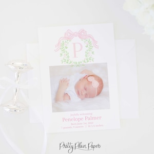 Tarjeta imprimible de anuncio de nacimiento en acuarela para niña / 5x7 / Corona rosa con monograma / Foto tradicional de anuncio de bebé recién nacido / 10002
