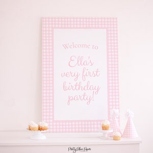 Watercolor Pink Gingham Welcome Sign, 24''x36'' | Watercolor Pink Gingham Birthday Sign Printable 0101 | Pink Gingham Birthday Sign |