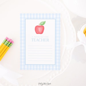 Aquarell Blau Vichykaro &#39;Notiz an den Lehrer&#39; Printable 5&#39;&#39;x7 &#39;&#39; Briefpapier | Back to School Schreibwaren | Lehrer-Briefpapier | Druckbar 1055