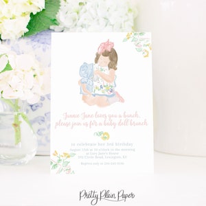 Baby Doll Birthday Party - Brunette Girl with Yellow Floral Dress Watercolor Printable Invitation Download 0102