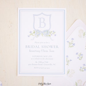 Watercolor Crest Bridal Shower Invitation | Blue Monogram Bridal Shower Invitation | Floral Crest Bridal Shower Invitation | 1052