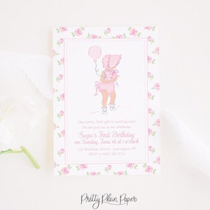 1st Birthday Invitation | 5x7 | Printable | Watercolor Little Girl in Bonnet | ONE Balloon | Bonnet Baby  | First Birthday | Floral | 5029