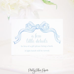 Aquarell Blaue Schleife Extra Einsatz Karte Einladung | 3.5x5 Printable | Babyparty oder Geburtstagsfeier Extra Details Karte oder Register | 20004