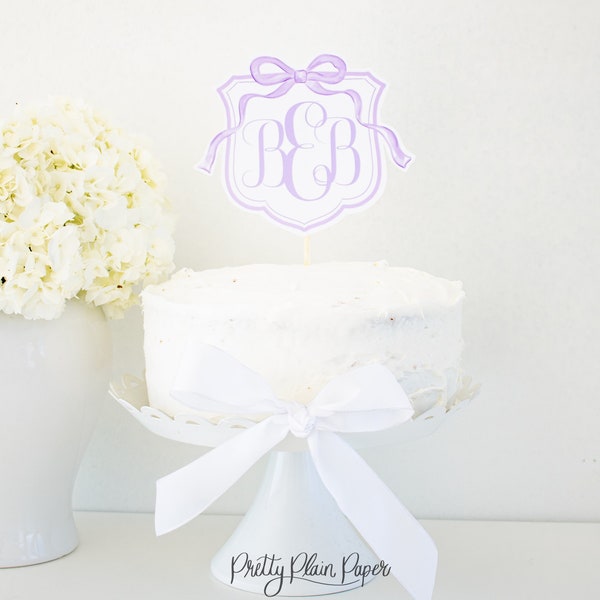 Watercolor Crest Cake Topper in Lavender Purple | Printable | Monogram Crest Cake Topper Violet | Bow Birthday or Baby Shower | 8000 8001
