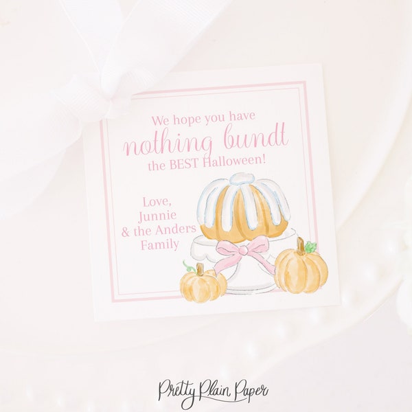 Pink Bundt Cake Fall Tag | 3.5x3.5 Printable | Watercolor Halloween Tag | Pumpkin Cake | Fall Teacher Gift | Preppy | Grandmillennial | 1060