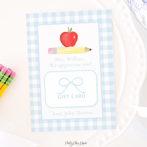 Teacher Appreciation | Gift Card Printable Teacher | Printable Download | Gift Card Holder for Teacher | Blue Gingham for Boy | 1055