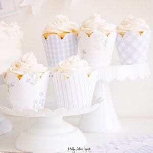 Blue Gingham Cupcake Wrappers | Blue Floral Cupcake Wrappers | Blue Stripe Cupcake Wrappers | Printable Cupcake Wrapper Download | 0106 1052