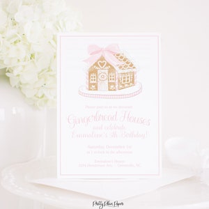 Watercolor Pink Gingerbread House Invitation with Bow | Watercolor Gingerbread House Decorating Birthday Party Invitation | 1066