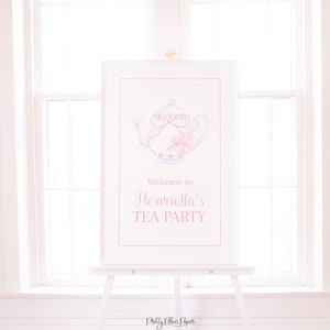 Pretty Pink Tea Party Sign | 24x36 | Watercolor Tea Party Poster | Pretty Pink Floral Tea Party | Welcome Sign | Flower Tea Pot & Cup | 1068