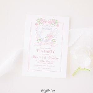 May include: A pink and white tea party invitation with a watercolor illustration of a teapot and flowers. The text reads "Alice's Tea Party" and "Please join us for Tea Party in celebrate Alice's 3rd Birthday Saturday, May 1st 1 o'clock in the afternoon 133 Bedding Drive, Senonly, SC RSVP 633-342-8674".