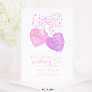 Pink Watercolor Bow with Candy Hearts Birthday Party Invitation | Our Little Sweetheart First Birthday Invite | Printable Download | 1020