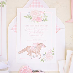Floral, rosa Vichykaro Rennpferd & Jockey Einladung, Aquarell druckbare Einladung 0106 für Pferderennen oder Kentucky Derby Party