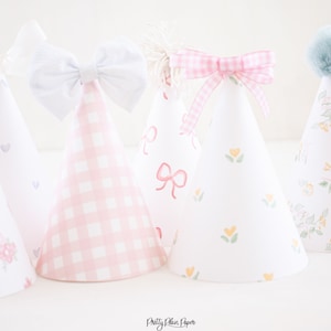 Watercolor Pattern Party Hats | Party Hats DIY | Printable Download | Pretty Party Hats | Pink Gingham | Pink Bow | Floral | EDIAG | 0101