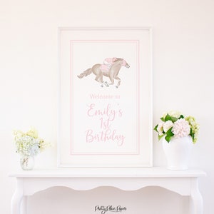 Watercolor Horse Racing Party Welcome Sign | 24x36 | Editable | KY Derby Baby Shower | Pink Gingham Jockey Silk | Birthday Party | 0106