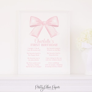 Watercolor Bow Milestone Board Sign | 16x20 Printable | 1st Birthday Milestone | Pink Bow First Birthday Poster | All about me | 1017 5007