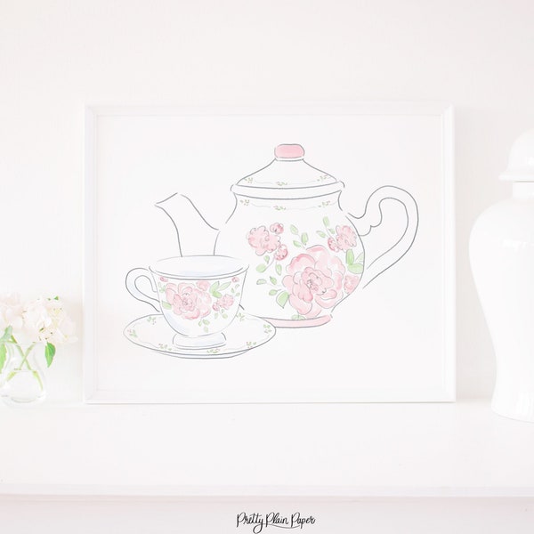 Watercolor Pink Tea Pot & Tea Cup Print | 8x10 or 16x20 | Pink White Tea Party | Original Art | Birthday, Baby Shower, Bridal Shower | 1068