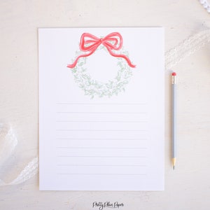 Krans met rode strik met lijnen, aquarel afdrukbaar briefpapier voor kinderen - brief aan de kerstman of kerstverlanglijst, download 2001