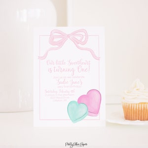 Watercolor Pink Bow & Candy Hearts Invitation | Printable Download | Our Sweetheart | 1st Birthday | Watercolor Valentine Birthday | 1020