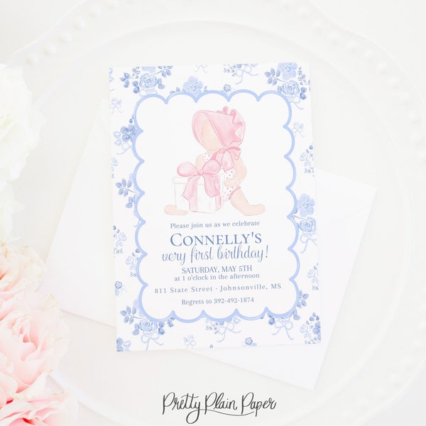 Invitation | 5x7 Printable | Watercolor Pink Little Girl in a Bonnet | Blue Floral | First Birthday | 1st | Floral Toile | 0108 3010 5016