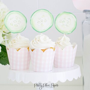 Watercolor Spa Party Cucumber Cupcake Toppers | Printable | Little Girl Spa Birthday Party | Pink Makeup | Grandmillennial Preppy | 5017