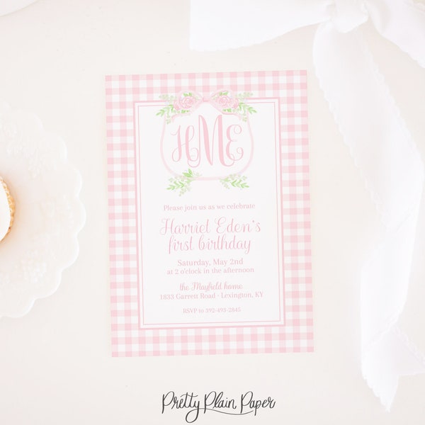 Watercolor Pink Crest Invitation with Bow & Monogram | Watercolor Pink Gingham Birthday or Baby Shower Invitation | First 1st Birthday  1065
