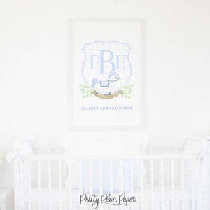 Watercolor Rocking Horse Monogram Crest Artwork | 24 x 36 | Editable Printable | Watercolor Crest | Blue Little Boy Nursery Art | 20005
