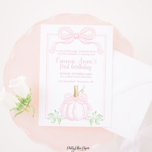 Watercolor Pink Pumpkin Invitation with Bow | 5''x7'' Printable | Watercolor Pink Pumpkin | Our Little Pumpkin Birthday | Baby Shower | 1057