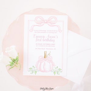 Aquarell rosa Kürbis-Einladung mit Schleife | 5 &#39;&#39; x7 &#39;&#39; Printable | Aquarell rosa Kürbis | Unser kleiner Kürbis-Geburtstag | Babyparty | 1057