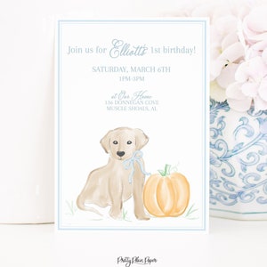 Watercolor Pumpkin & Puppy First Birthday Invitation | Puppy Birthday Invitation | Puppy Party for Boy | Puppy Invitation 1st Birthday 1027