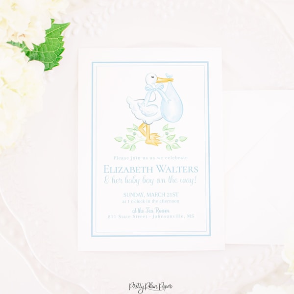 Watercolor Blue Stork Baby Shower Invitation Printable | 5x7 | Simple Blue Stork Invite | Classic Stork Theme Baby Shower | Baby Boy | 20003