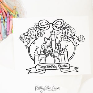 Coloring Page | 8.5x11 Printable | Watercolor Princess Birthday | Personalized Pink Crest with Castle and Bow | Cinderella  Tea Party | 3010
