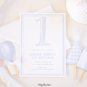 Watercolor One Birthday Invitation for 1st Birthday | 1050 | Blue & White First Birthday Invitation | Traditional Blue White 1st Birthday