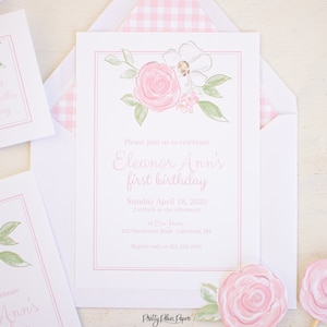 Acuarela simple invitación floral descargar / fiesta floral rosa / fiesta de rosas rosas / acuarela floral 1er cumpleaños invitación 1026 0106