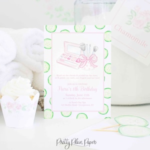 Watercolor Pink Makeup and Spa Party Invitation | 5x7 Printable | Spa Birthday | Makeup Theme Birthday | Pink Bow | Cucumber | Preppy | 5017
