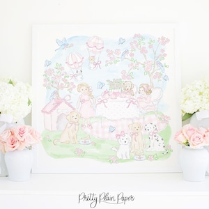 Arte del Tea Party dei cuccioli / 30x30 / Stampa ad acquerello del cucciolo / Opera d'arte del Grandmillennio Preppy / Arte della stanza della bambina / Paw-ty Tea Party / Fiocco / 5023