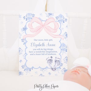 Nom de bébé nouveau-né imprimé | Imprimable 8 x 10 | Empreinte de pas de bébé imprimable | Aquarelle rose noeud floral bleu | Baby Shower | Toile florale | 0108