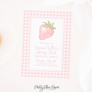 Watercolor Strawberry Invitation with Pink Gingham Border | 5x7 | Strawberry Birthday Invitation | Berry First Birthday | Berry Sweet | 1015