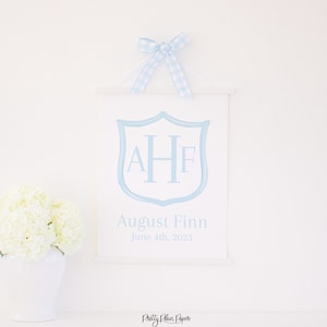 Hospital Door Sign Printable | 16x20 | Watercolor Blue Crest with Monogram & Baby Name | Announcement Crest | Welcome Newborn Stats | 20001