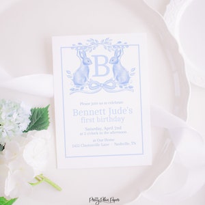 Watercolor Bunny Crest with Monogram Birthday Invitation | Monogram Crest | Blue Bunny Invitation | Bunny First Birthday Invitation | 1080