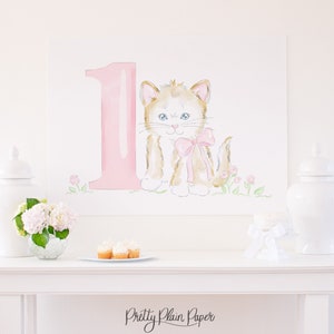 Tema del gattino acquerello PRIMO sfondo di compleanno / 36x48 stampabile / Sfondo di compleanno del gattino carino con UNO / Gatto con fiocco / Gattino / 5018