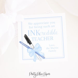 Teacher Appreciation Tag | 3.5''x3.5'' Printable | Ink credible | Teacher Appreciation Gift Tag | Boy | Blue Bow and Ink Pens | 1055