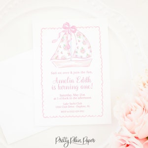 Watercolor Pink Sailboat Invitation | 5x7 Printable | Pink Bow Sailboat Birthday | Sailing Theme Birthday | Pink Floral and Gingham | 5014