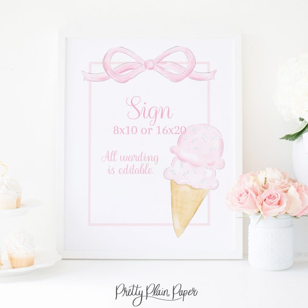 Party Sign | 8x10 or 16x20 Printable | Watercolor Pink Ice Cream Cone | Baby Shower | Birthday | Girl | Preppy | Pink | Two Sweet | 5024