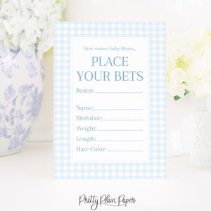 Blau Vichykaro platzieren Sie Ihre Wetten Karte | 5 x 7 druckbare | Kentucky Derby Babyparty | ALLE Formulierungen sind bearbeitbar | Babyparty | KY Derby Party 0106