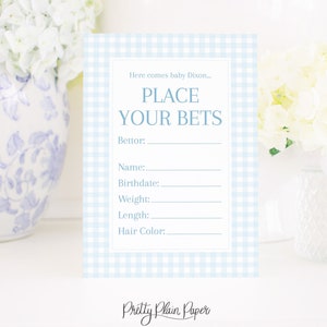 Blue Gingham Place Your Bets Card | 5x7 Printable | Kentucky Derby Baby Shower | ALL Wording is Editable | Baby Shower | KY Derby Party 0106