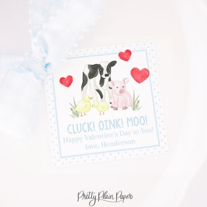 Watercolor Blue Farm Animals Valentine Tag | 3.5 x 3.5 Printable | Cow Pig Chick | Oink, Cluck, Moo | School Treat Tag for a Boy |  1021