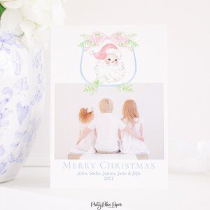 Cartão de Natal com crista em aquarela com foto, download digital | Cartão de férias para impressão | Cartão de Natal de Papai Noel rosa aquarela com arco | 2001
